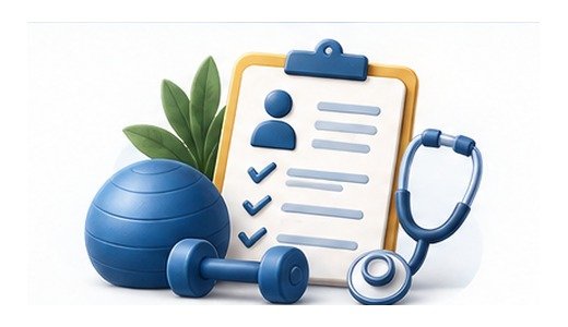 Illustration of a therapy assessment clipboard, exercise equipment and stethoscope for occupational therapists