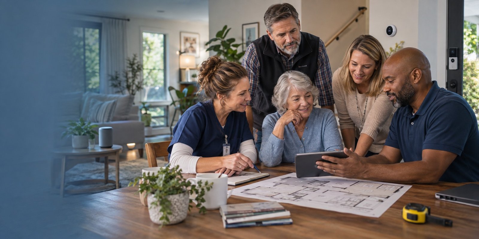 An older homeowner meeting with aging-in-place, care and technology professionals around a table in her home