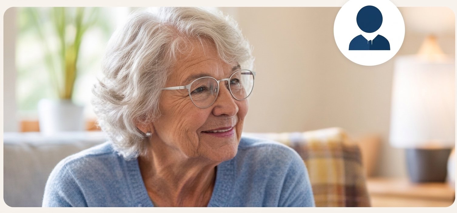 An independent older woman smiling in a warm home setting